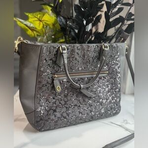 Coach Charcoal Gray Sequin 2-Way Leather Tote Bag